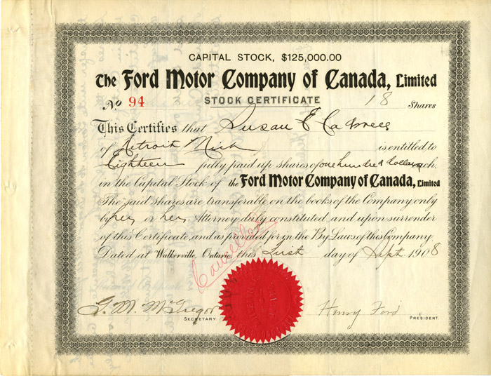 Ford Motor Co. of Canada, Limited signed by Henry Ford - Stock Certificate